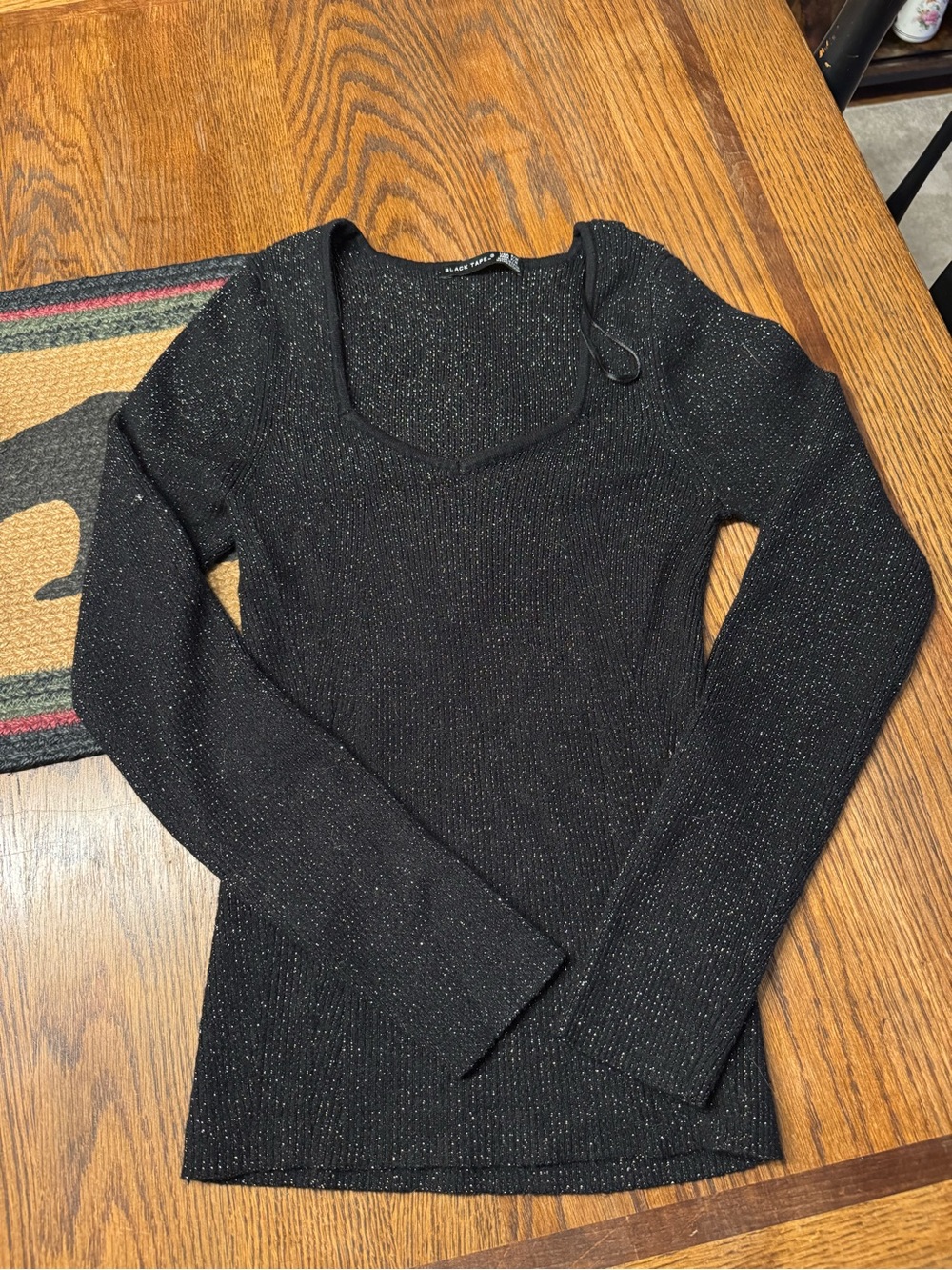 Black Tape_ Black Metallic Scoop-Neck Sparkle Sweater